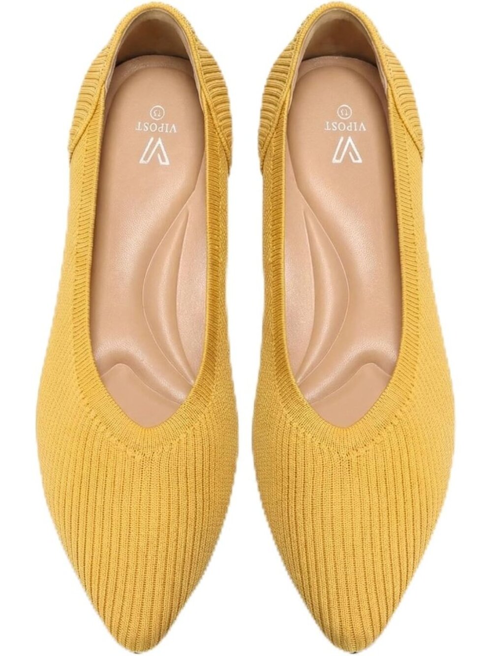 Womens Yellow Pointed Toe Comfort Foldable Slip On Dressy Knit Ballet Flat Shoes